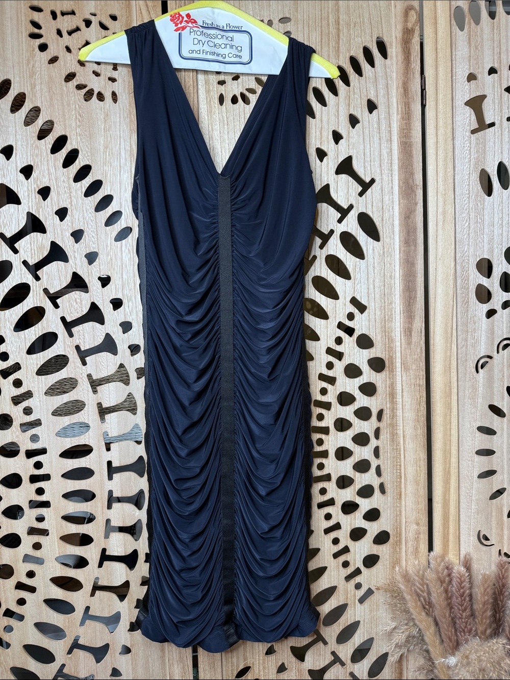 Cache Black Ruched V-Neck Midi Dress